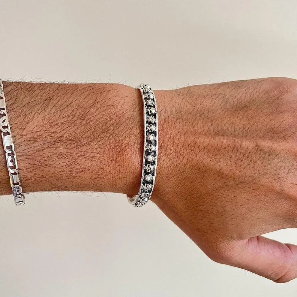 Skull stacked grunge silver and black bracelet